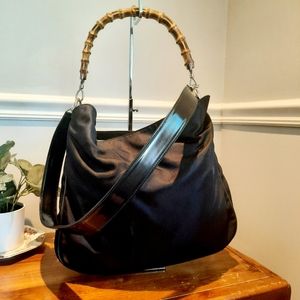 Gucci Black Nylon Large Bamboo Handle Nylon Shoulder/Crossbody Bag